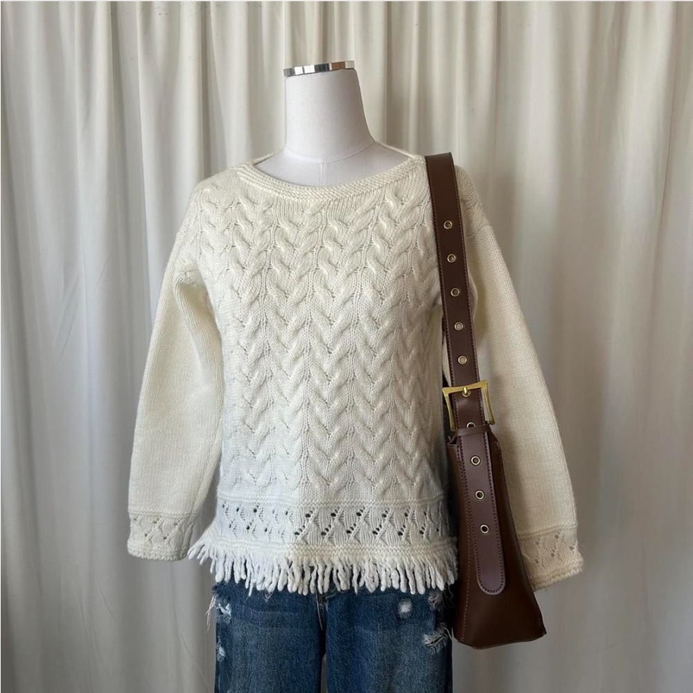Anthropologie Elsamanda cable-Knit sweater fringe wool blend size small. - Picture 3 of 8